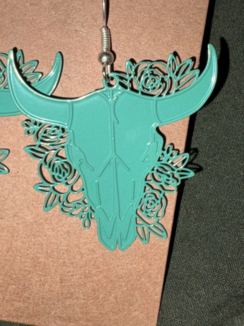 Turquoise Bull Skull Floral Dangle Earrings - Picture 2 of 2